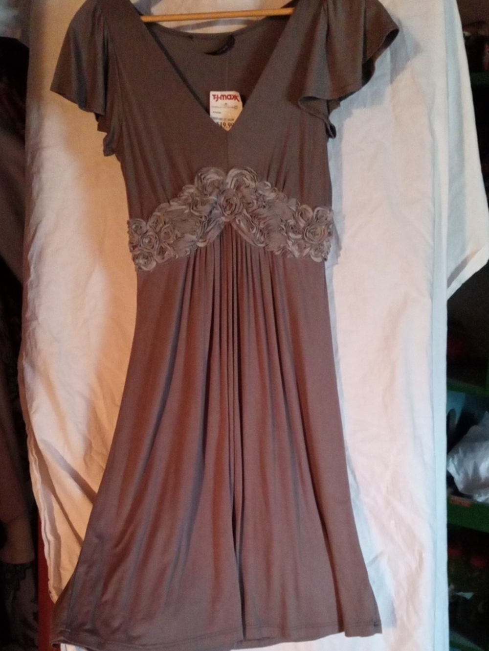 T.J.Maxx Taupe Floral-Embellished V-Neck Dress
